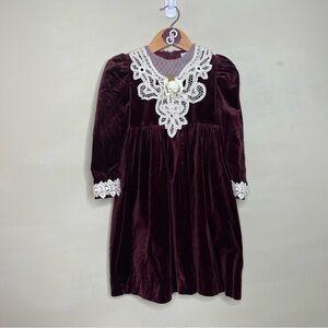 Vintage Peaches and Cream Burgundy Lace Collar Velvet Dress
